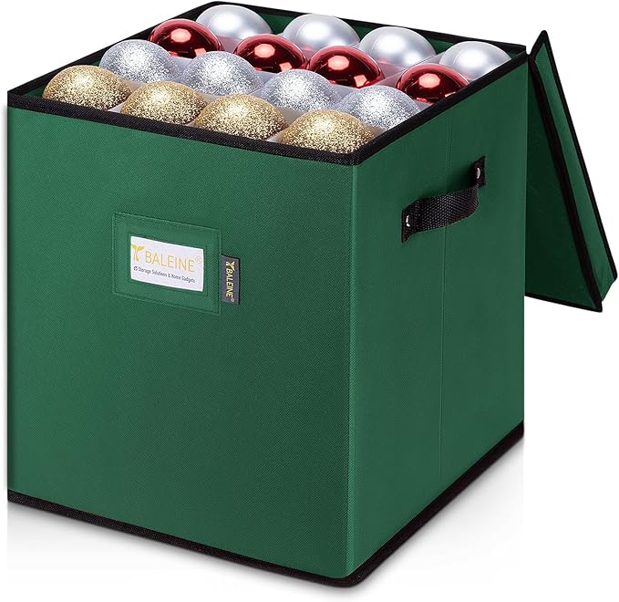 BALEINE Christmas Ornament Storage Box with Dividers, Premium Holiday Ornaments Storage Container Bin for Xmas Decorations (64 Ball, Green, Without Tray)