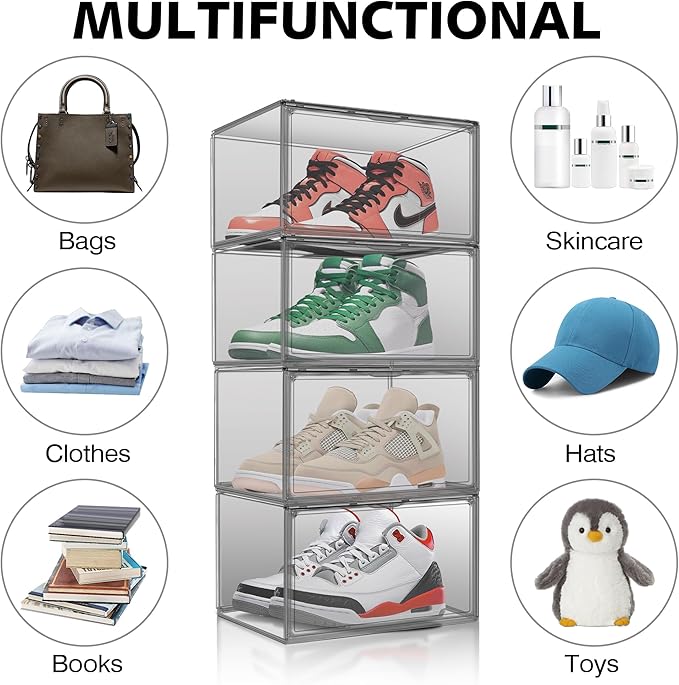 10 Pack Size 12 Shoe Boxes for Closet Clear Plastic Stackable Shoe Organizer Storage Bins with Lids, Under Bed Shoe Containers for Entryway