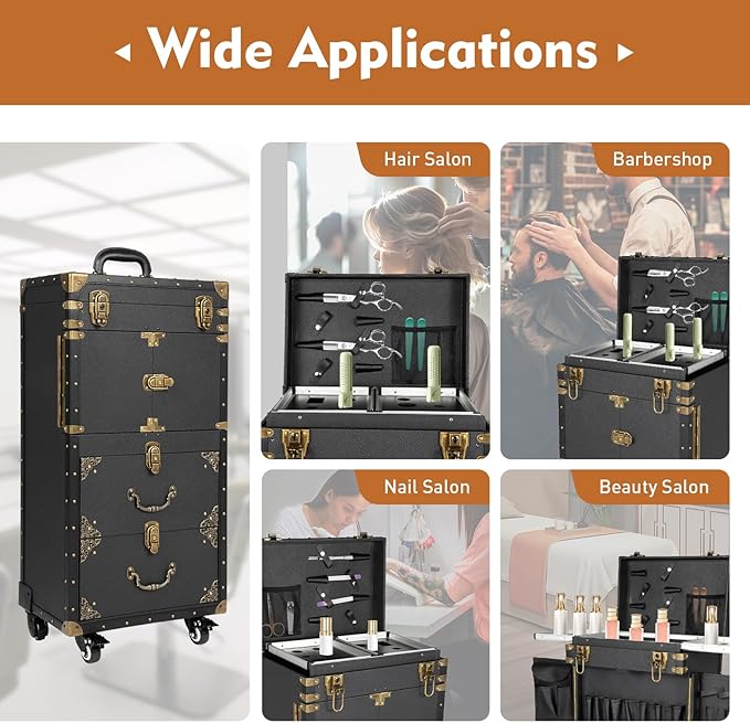 Rolling Lockable Makeup Train Case,Large Cosmetic Organizer Train Case Makeup Travel Case with 360° Swivel Wheels, Trolley Makeup Travel Organizer,Black