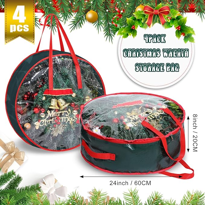 Shappy 4 Pcs Christmas Wreath Storage Bag Wreath Storage Container with Clear Window Plaid Box with Handles for Storing Garland Holiday Wrapping(Green,24 x 8 Inch)