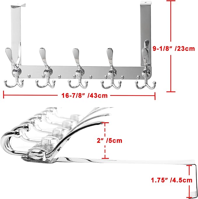 SKOLOO Over The Door Hook - for Doors up to 1-3/4'' Thickness, Metal Door Hanger with 5 Triple Hooks, Over The Door Hanger for Coats, Hats,Towels, Silver, Assembly Required