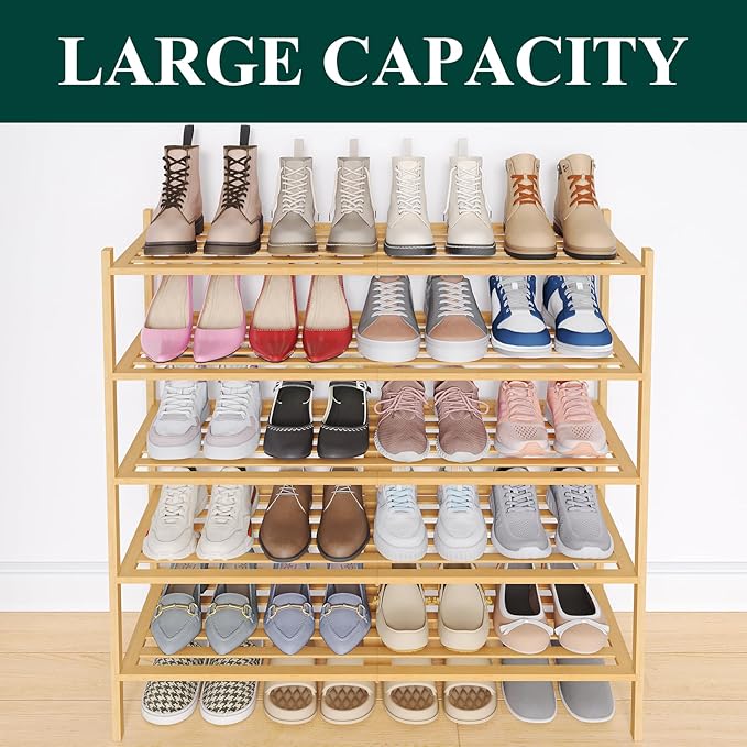 Smiry Long Bamboo Shoe Rack 5-Tier, Stackable Wooden Shoe Organizer for Entryway & Closet, Free Standing Wood Shoe Storage Shelf for Front Door & Small Spaces, Natural