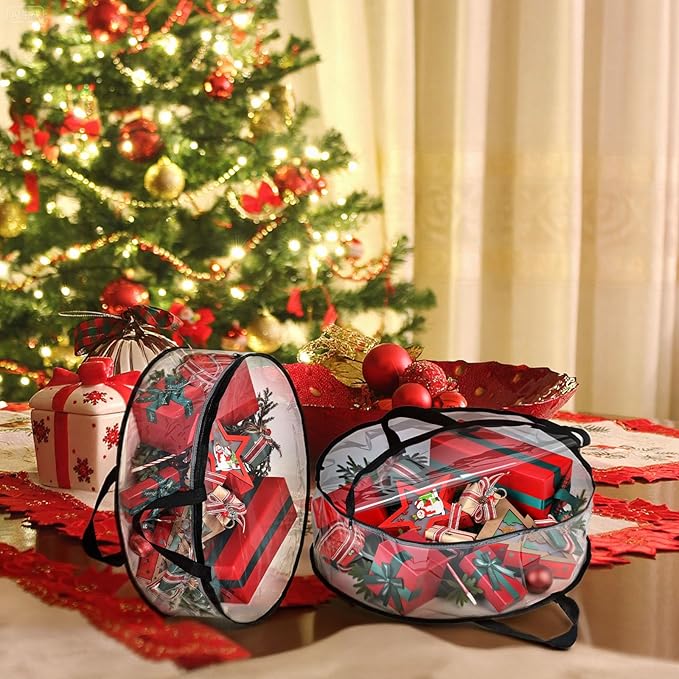 4 PCS Clear Wreaths Storage Bag, 24x8 Inch Christmas Wreaths Storage Container, Heavy Duty PVC Wreath Protector with Handle for Xmas Holiday Seasonal Wreath Garland (Black)