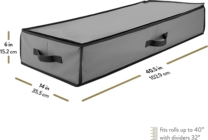 ZOBER Gift Wrapping Paper Organizer Storage - 40" Gift Wrap Storage Containers with Interior Pockets for Bows, Tags & Ribbons - Wrapping Paper Holder, 600D Oxford, Fits 24 Standard Rolls, Gray/Black