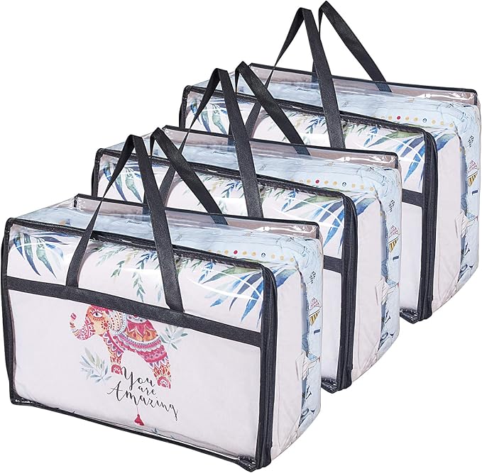 Clear Clothes Storage Bag Organizer with Reinforced Handle, Vinyl Storage Bags for Comforter, Blanket, Bedding, Toys, Transparent Moving Totes with Sturdy Dual Zippers, 3 Pack, 55 L, Black