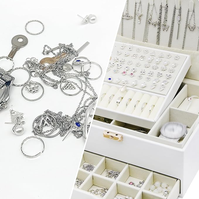 Jewelry Organizer Box, Jewelry Box Organizers for Women Girls, Jewellery Display Holder, 3 Layers Large Leather Jewels Storage Case for Earring, Rings, Necklaces, Bracelets, Watch, Ideal Gift (White)