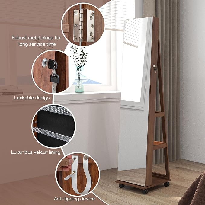 GOFLAME Jewelry Cabinet with Full Length Mirror, Lockable Jewelry Storage Organizer with Wheels, 3-Color LED Lights, Inner Mirror, Freestanding Jewelry Armoire with Rear Storage Shelves, Walnut