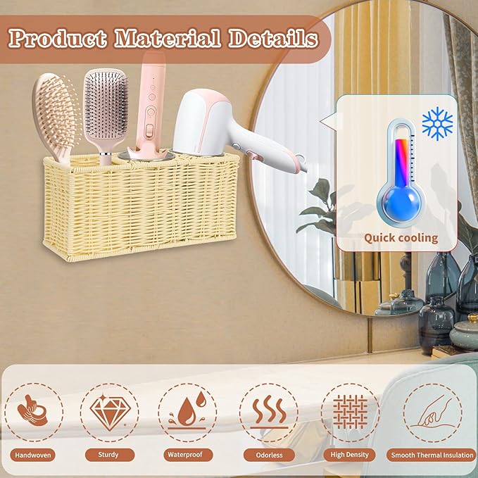 Hair Tool Organizer,Wall Mount Curling Iron Holder,Waterproof Wicker Hot Tools Organizer for Hair Dryer,Flat Irons,Curling Wands,Straighteners Storage,in Cabinet,Bathroom,Vanity (Nature)