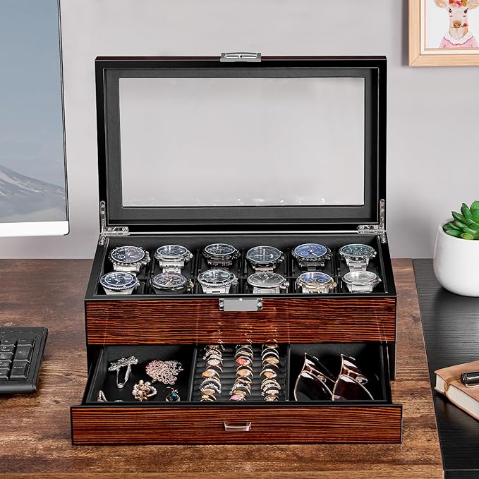 BEWISHOME High-End Watch Box, 12-Slot Watch Case with Large Glass Lid, 2-Layer Wooden Watch Box for Men, Watch Organizer Watch Storage Holder for Men Brown SSH02Y