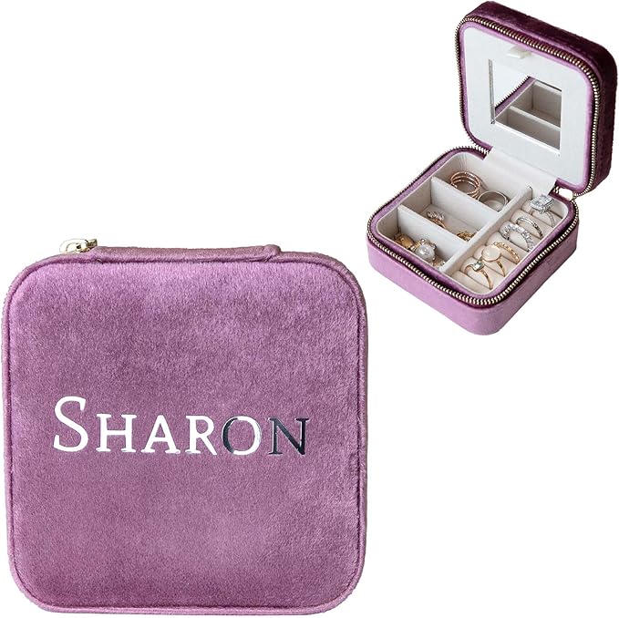 Customizable Compact Velvet Jewelry Box with Mirror, Travel Jewelry Case, Travel Jewelry Organizer, Jewelry Box for Women and Girls, Small Jewelry Organizer (Center Text, Mulberry)
