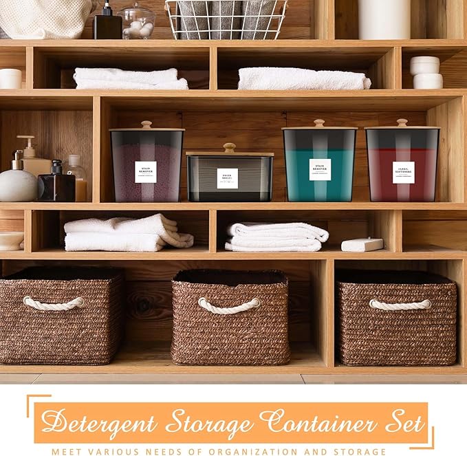 3+1 Pack Laundry Pods Container & Dryer Sheet Holder with Lids, Scoops & Labels - Plastic Laundry Storage Jars for Powder, Pods, Detergent, Room Organization