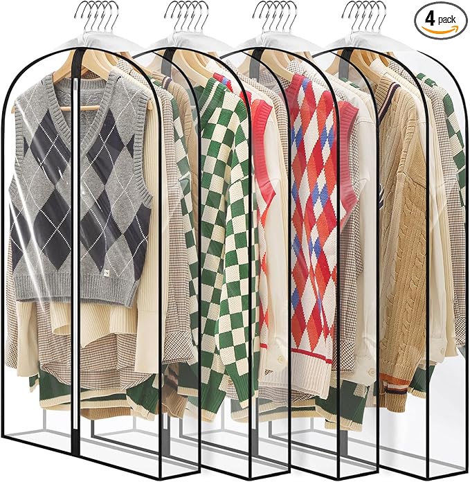 40" All Clear Garment Bags for Hanging Clothes, 4" Gusseted Suit Bags for Closet Storage, Plastic Garment Covers with Zipper for Coats, Jackets, Shirts, 4 Packs