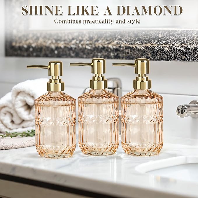 6 Pack Glass Soap Dispenser with Pump 15.2 oz Refillable Liquid Hand Soap Dish Soap Dispensers Vintage Soap Dispenser Liquid Bottle for Kitchen Sink Bathroom Counter(Gold,Gold Pump Head)