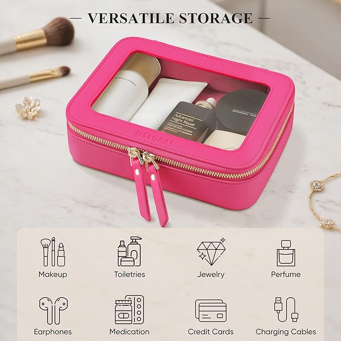 Clear Makeup Bag, Travel Toiletry Bag Cosmetic Case for Women, Waterproof Portable Make Up Skincare Pouch with Zipper, Compact Car Organizer Bag for Essentials, Medium Size, Hot Pink