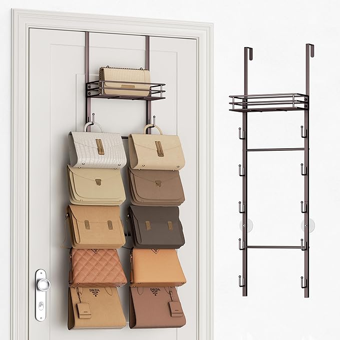 SWTYMIKI Over The Door Purse Organizer - Wall Mounted Handbag Organizer with 10 Hooks and Metal Basket, Hanging Purse Storage Rack Holds up to 10 Bags, Bag Rack Can Use As 1/2 Part, for Door, Closet