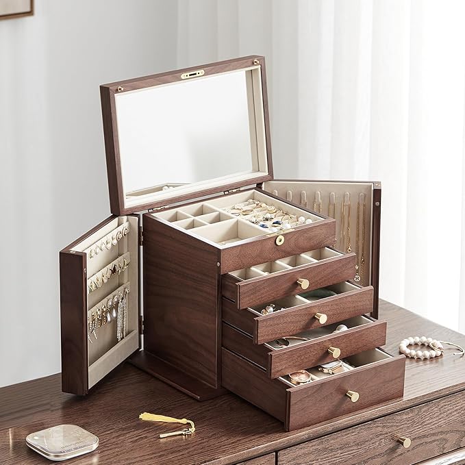 Black Walnut Wooden Jewelry Box, Wood Jewelry Organizer with 2 Side Doors Mirror Lockable Classical Style for Watch Necklace Ring Earring Storage Valentines Day Gifts for Her-5 Layer