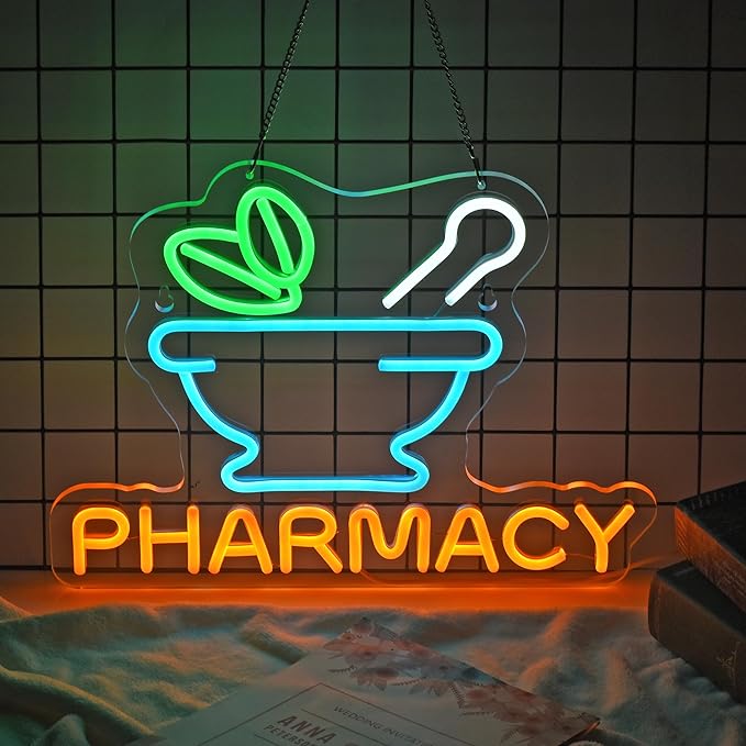 Pharmacy Neon Sign Led Neon Lights for Business Medicine Shop RX Drug Store Wall Decor Ultra Bright Dimmable Neon Billboard Grand Opening Gift, USB Powered, 16.1" x 12.6"