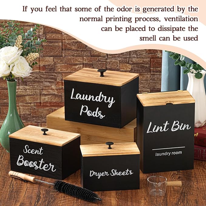 Dandat 4 Pcs Laundry Room Organization and Storage, Dryer Sheet Holder Laundry Pod Holder Scent Booster Container Magnetic Lint Bin with Scoop and Brush Wood Farmhouse Room Container(Black)