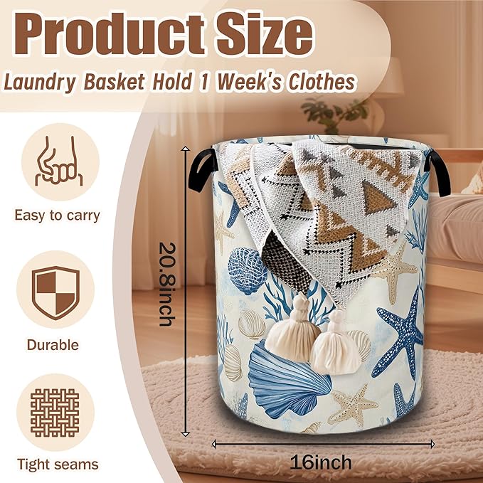 Coastal Beach Laundry Basket,Shell Starfish Coral Laundry Hamper Waterproof Oxford Cloth Tote Collapsible,Clothes Storage Bucket Decorative Toy Organizer For Bathroom Bedroom 16" x 20.8"