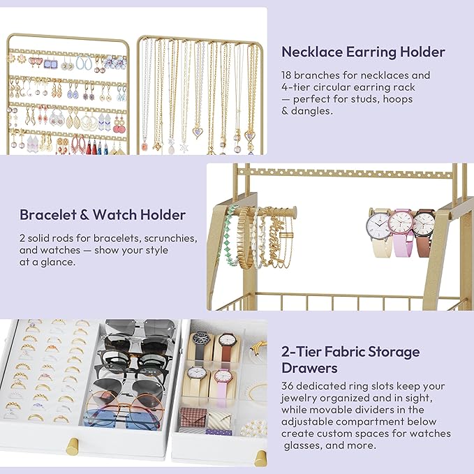 SWTYMIKI Large Jewelry Organizer Stand - Multifunctional Rack Tower for Necklace, Earring, Ring & Bracelet Display - Moveable Storage Jewelry Holder Stand with 4 Nonwoven Drawers for Bedroom Gold