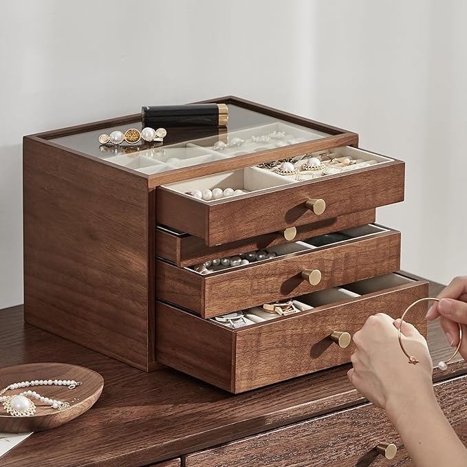Black Walnut Wooden Jewelry Box for Women large 4 Layer Drawer Organizer Box with Glass Lid for Necklaces, Watch, Necklace, Ring, Earring Storage - Valentine's Day Gifts