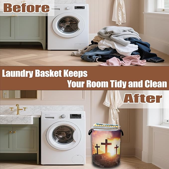 Cross Mountain Sunset Laundry Baskets,Laundry Hamper,Storage Basket with Handles for Bathroom Bedroom College Dormitory Living Room Nursery Organizer 16"x20.8"