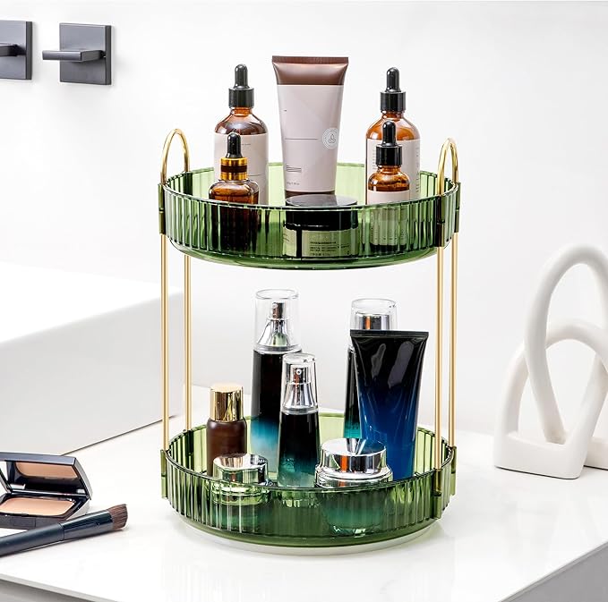 360 Rotating Makeup Organizer for Vanity, Bathroom Countertop Spinning Perfume Organizer, High-Capacity Cosmetic and Skincare Dresser Make Up Holder Rack (2 Tiers, Green)