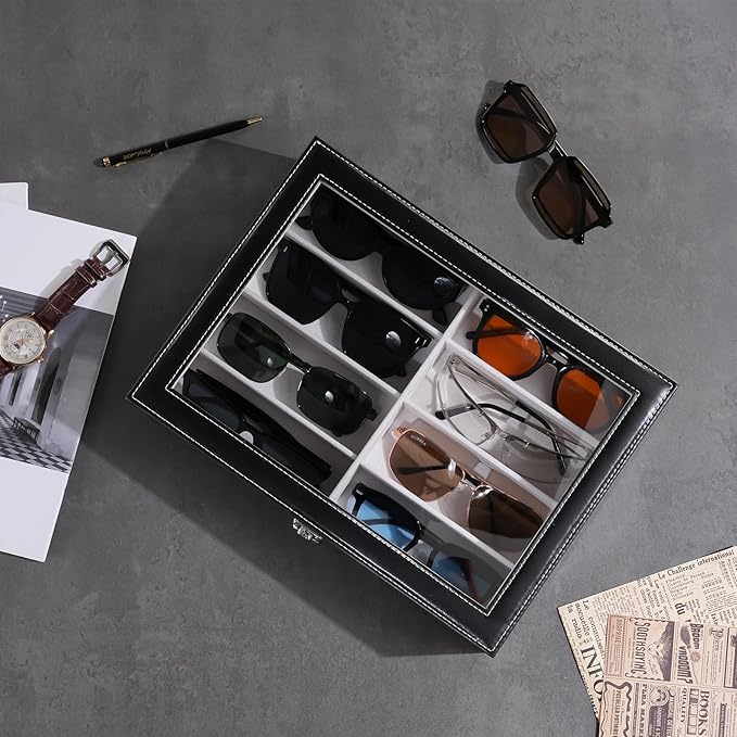 ProCase 8 Slots Sunglasses Organizer, 1 Layer Sunglass Case, Leather Eyeglass Cases for Display and Storage -Black
