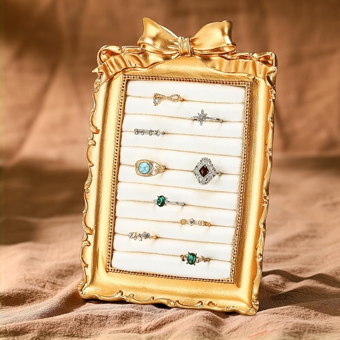 Vintage Ring Holder Bow Gold Ring Wedding Display Suede Jewelry Box Stand Frame Earring Tray Anniversary Engagement Baroque Organizer Photograph Prop for Women Birthday Christmas Gift