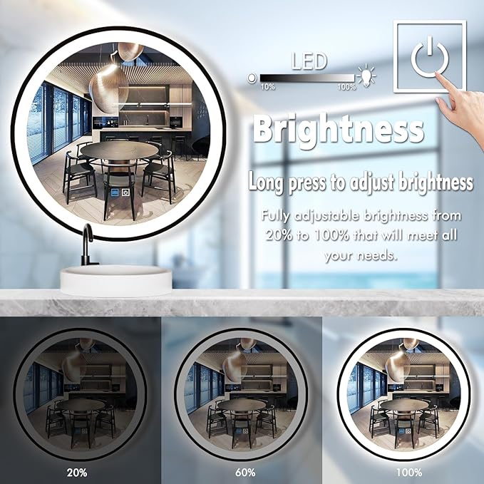36 Inch Black Frame Round Lighted Mirror for Bathroom Salon Wall Black Round LED Vanity Mirror with Lights 3 Color Adjustable Brightness AntiFog 36" BlackFramed Circle Smart Light up Mirrors