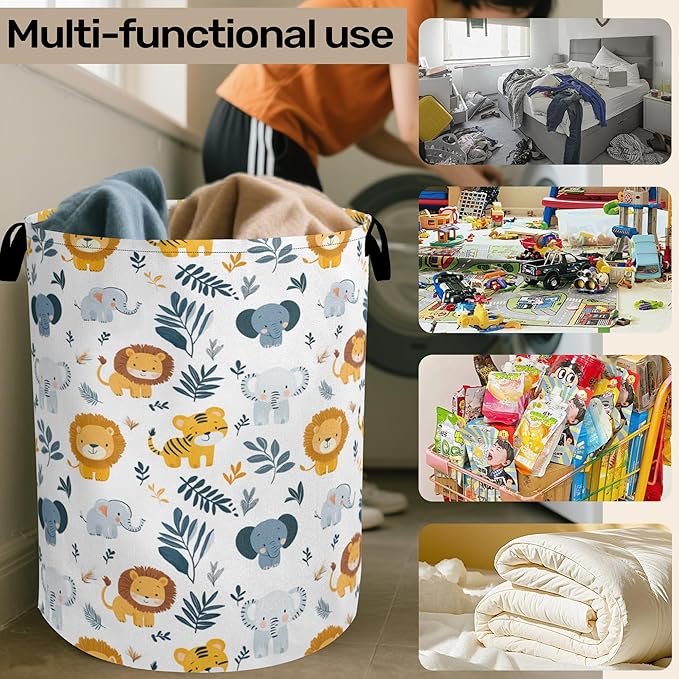 Cute Forest Animals Foldable Canvas Laundry Basket with Handles - Toy Organizer, Heavy Duty for Home，Bedroom, Dorm, Bathroom