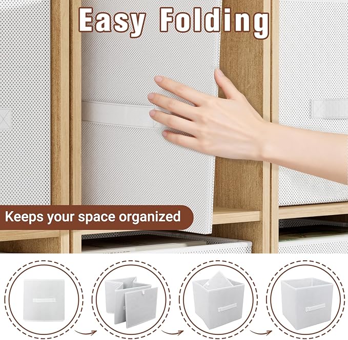 Fabric Storage Bins, Foldable Storage Cubes Baskets with Handle for Organizing, Collapsible Bins Cube Organizer Baskets for Closet, Shelves, Clothes, Towel (White, 3 Pack)
