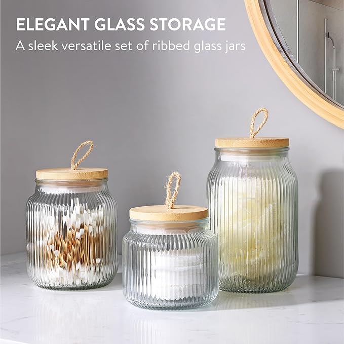 Navaris Bathroom Storage Ribbed Glass Canister Set of 3 - Multipurpose & Airtight for Cotton Wool Ear Buds, Pads, Q Tips, & Make Up - Organiser for Vanity & Dressing Table Decor