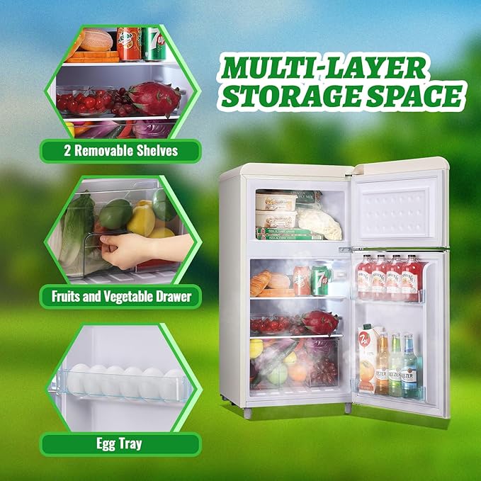 Small Refrigerator with Top Freezer 100Liter Retro Mini Fridge with Adjustable Glass Shelving, 7 Temperature Control and LED Lighting, Retro Off White