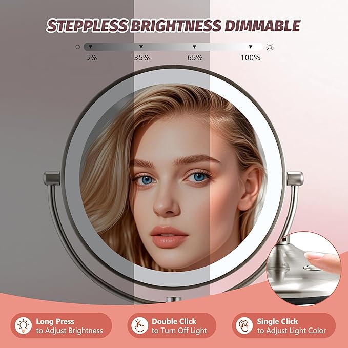 9" Lighted Makeup Mirror, 1X/20X Rechargeable Magnifying Mirror with 3 Color Dimmable Lights for Bedroom Tabletop, Base Charging and Switch, Women Gift