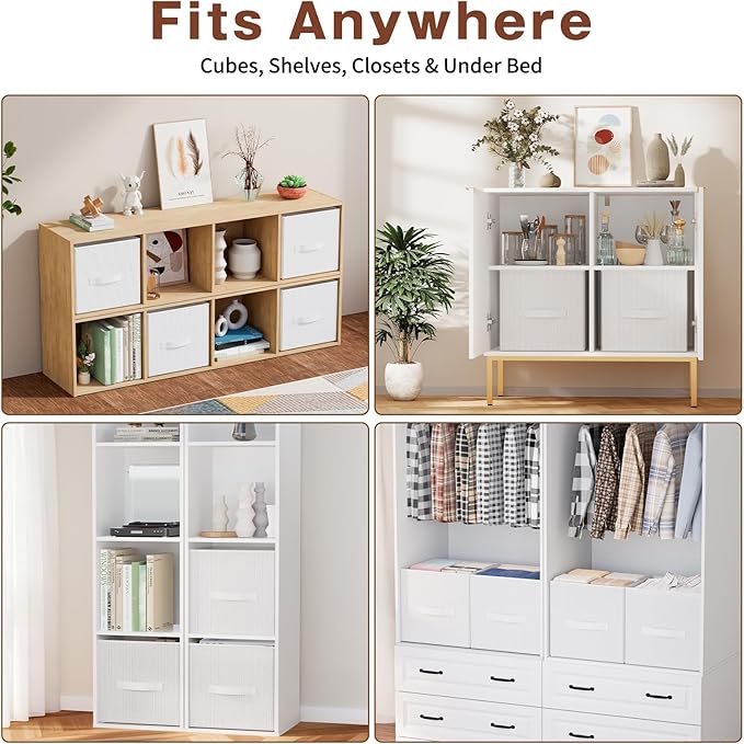 Fabric Storage Bins, Foldable Storage Cubes Baskets with Handle for Organizing, Collapsible Bins Cube Organizer Baskets for Closet, Shelves, Clothes, Towel (White, 2 Pack)