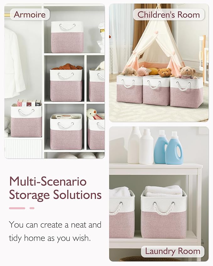 13x13x13 Storage Cube Bins,Set of 4, Large Foldable Fabric Storage Cubes with Handles for Organizing Home, Closet, Shelf, Office(White&Pink)