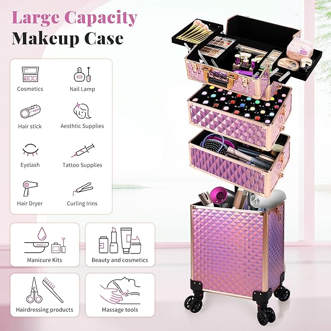 AROUS Rolling Makeup Train Case 4 in 1 Cosmetology Case on Wheels Large Storage Cosmetic Trolley with Key Salon Barber Case Traveling Cart Trunk, Pink