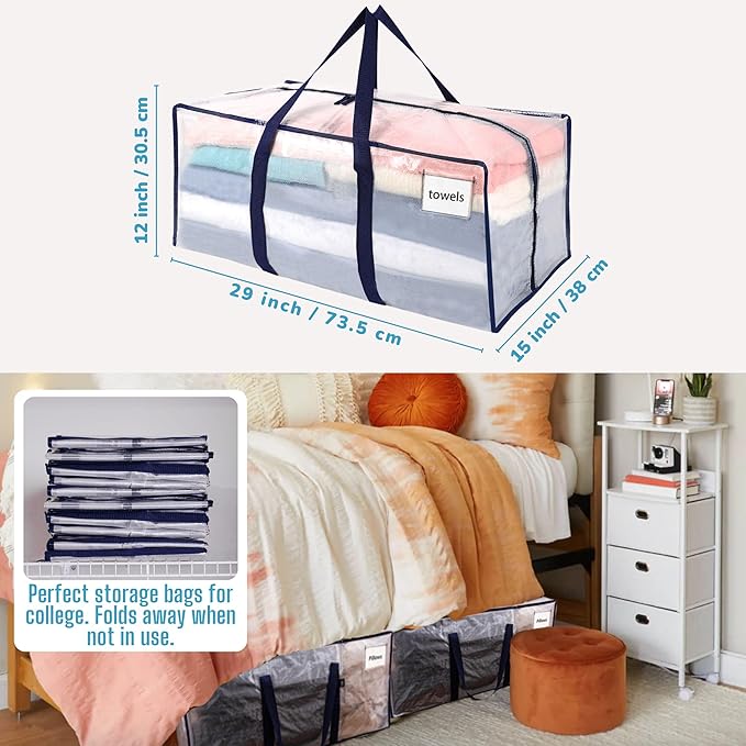 VENO 6 Pack Moving Bags, Christmas Storage Containers, Storage Bins with Lids, Reinforced Wraparound Handles, Packing Bags for Clothes, Bedding, Comforters (Clear, 6 Pack)