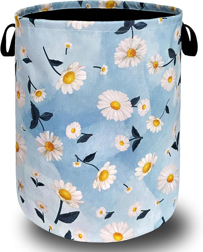 Cute Daisy Floral Laundry Hamper Foldable With Handles Flowers Tote Bag Oxford Cloth Colorful Laundry Basket Clothes Toy Storage Bucket 18.9" x 16.5" For Bathroom/Laundry/Bedroom