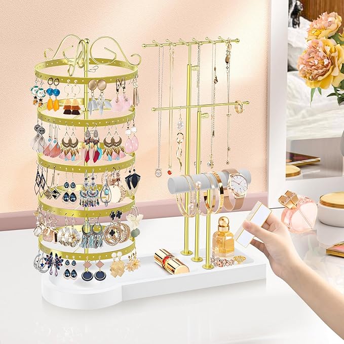 Jewelry Earring Holder Organizer, Adjustable 5 Tiers Rotating Earring Holder 3 Tier Necklace Holder with Wooden Base, Multi-Functional Jewelry Organizer Display Stand for Studs Bracelet Women(Gold)