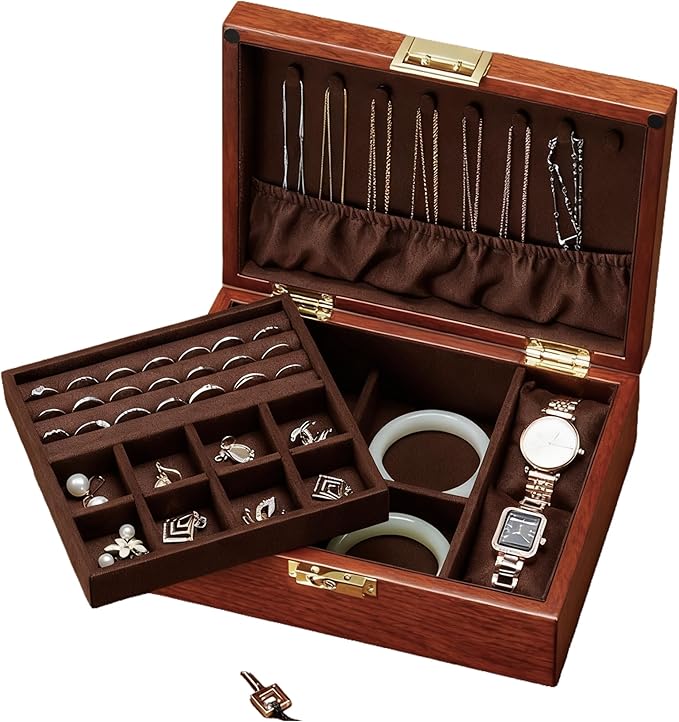 Bescott 2 Layer Solid Wooden Jewelry Box with Lock and Key for Women Men Vintage Velvet Wood Jewelry Organizer Storage for Earrings Rings Necklaces Bracelet Watch Mother’s Day Gift