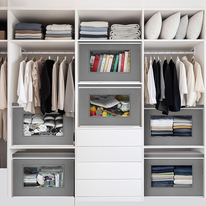 10 Pcs Fabric Storage Bins with Lid 14x10 Inch Stuffed Animal Storage Boxes with Window Handle Collapsible Cube Organizer Basket for Shelves Closet Bedroom Office Clothes Books (Dark Gray)