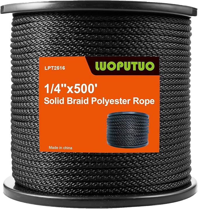 1/4 Inch 500FT Black Polyester Solid Braid Rope | High UV & Abrasion Resistance | Industrial Grade, Low Stretch | Multipurpose for Flag Poles, Clotheslines