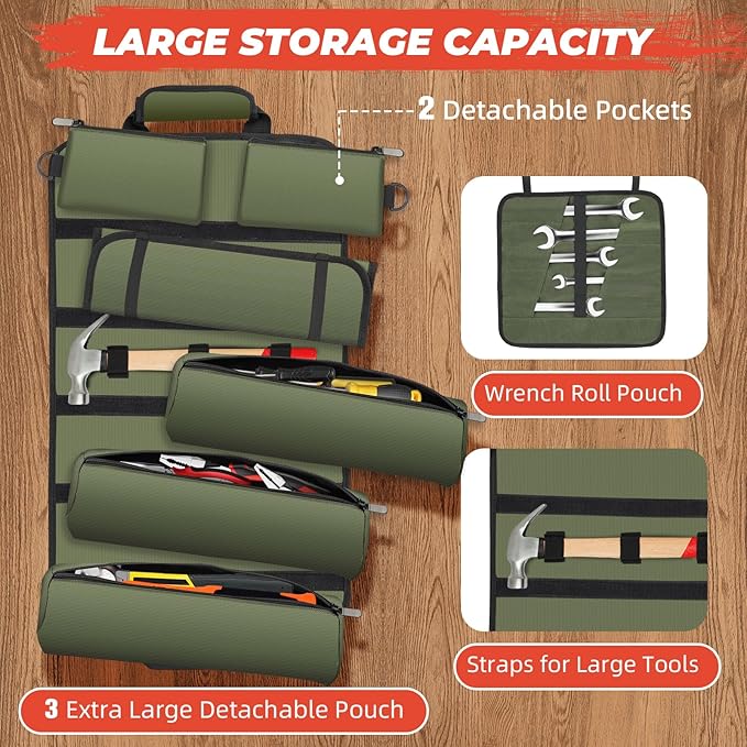 Tool Roll Up Bag, Gifts for Him Men Dad Husband Boyfriend Valentines Day, 1680D Portable Tool Storage for Men, Heavy Duty Tool Organizer with Detachable Pouches&Wrench Roll for Mechanic