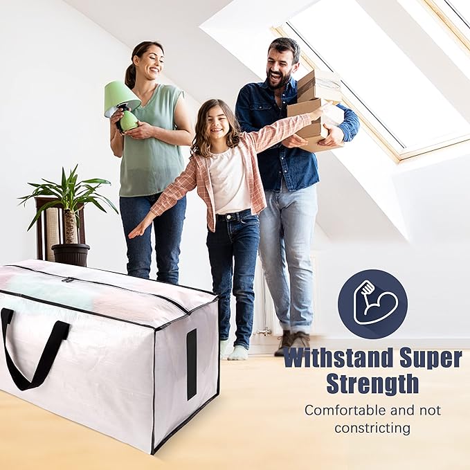 8 Pack Large Strong Moving Bags with Zippers & Carrying Handles - Water-Resistant - Heavy Duty Storage Tote for Space Saving, Fold Flat, Alternative to Moving Box (Semi-Transparent)