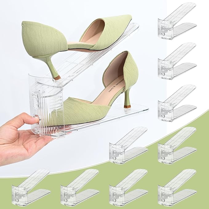 10-Pack Shoe Slot Organizer & Shoe Stacker for Closet, Adjustable Shoe Space Saver, Double Deck Clear Shoe Storage for Small Spaces (Transparent)