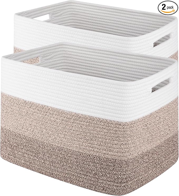Gradient Brown Woven Rectangle Baskets - 2 Pack for Closet, Shelves, Living Room, Nursery & Laundry Storage