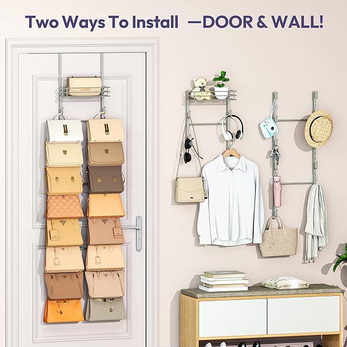 SWTYMIKI Over The Door Purse Organizer - Wall Mounted Handbag Organizer with 16 Hooks and Metal Basket, Hanging Purse Storage Rack Holds up to 16 Bags, Bag Rack Can Use As 1/2 Part, for Door, Closet