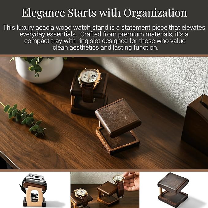 Luxury Acacia Wood Watch Stand & Tray Organizer – Premium Handmade Display for Watches, Rings & Accessories – Modern Minimalist Design, Gift-Ready for Desk or Dresser